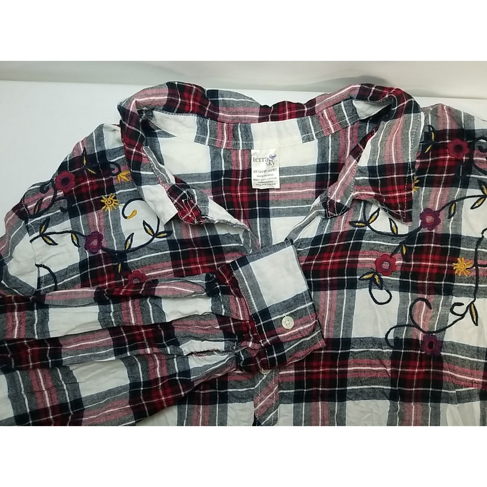 Terra & Sky Womens Flannel Shirt Embroidered Plaid Long Sleeve Button Up 2X